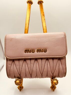 Miu Miu Blush Pink Matelassé Leather Compact Wallet with Gold Logo